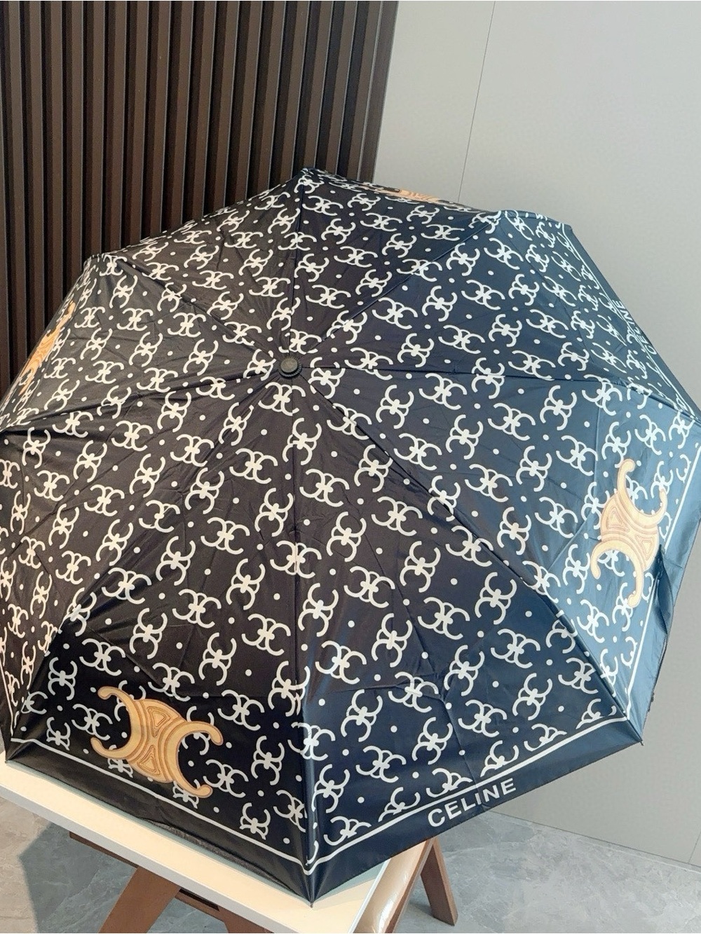 Celine Black Umbrella with White Monogram and Gold Trims